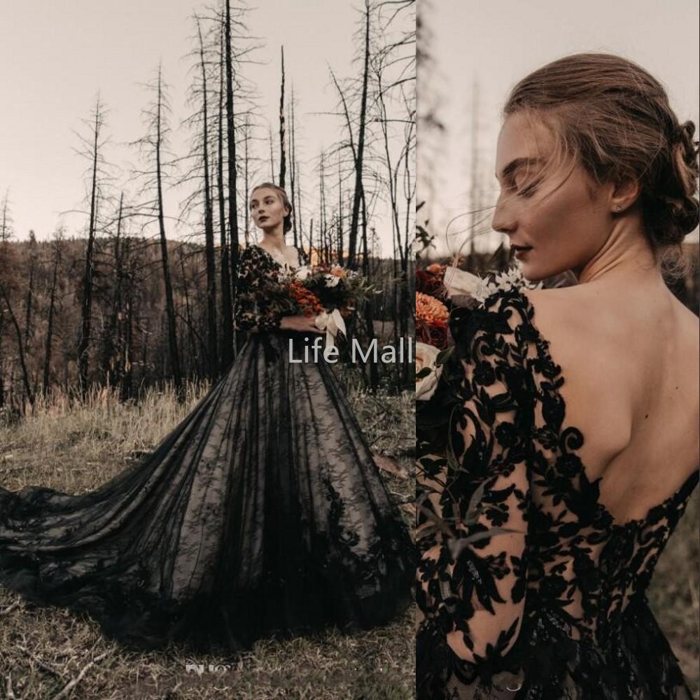

2022 Gothic Black Vintage Wedding Dresses A Line V Neck Lace Appliques Tulle Illusion Backless Sweep Train Plus Size Formal Bridal Gowns DD, Brown
