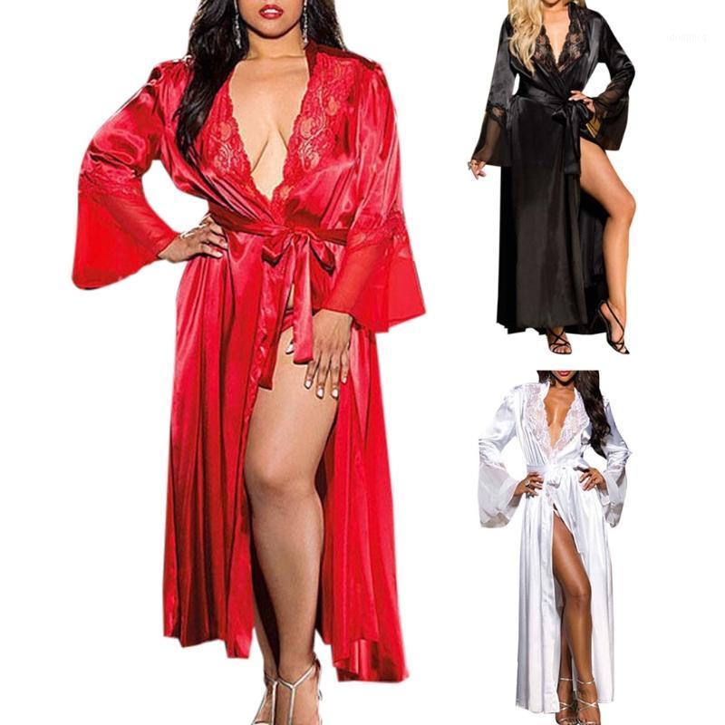 Casual Dresses Womens Sexy Long Kimono Dress Lace Bath Robe Ice Silk Nightdress Solid