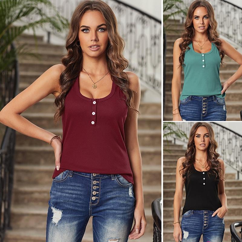 

Women' Tanks & Camis -Solid Color Knitted Basic Tank Tops Women Summer Vintage Buttons Slim Girls Streetwear Crop Top TeeWomen, Black