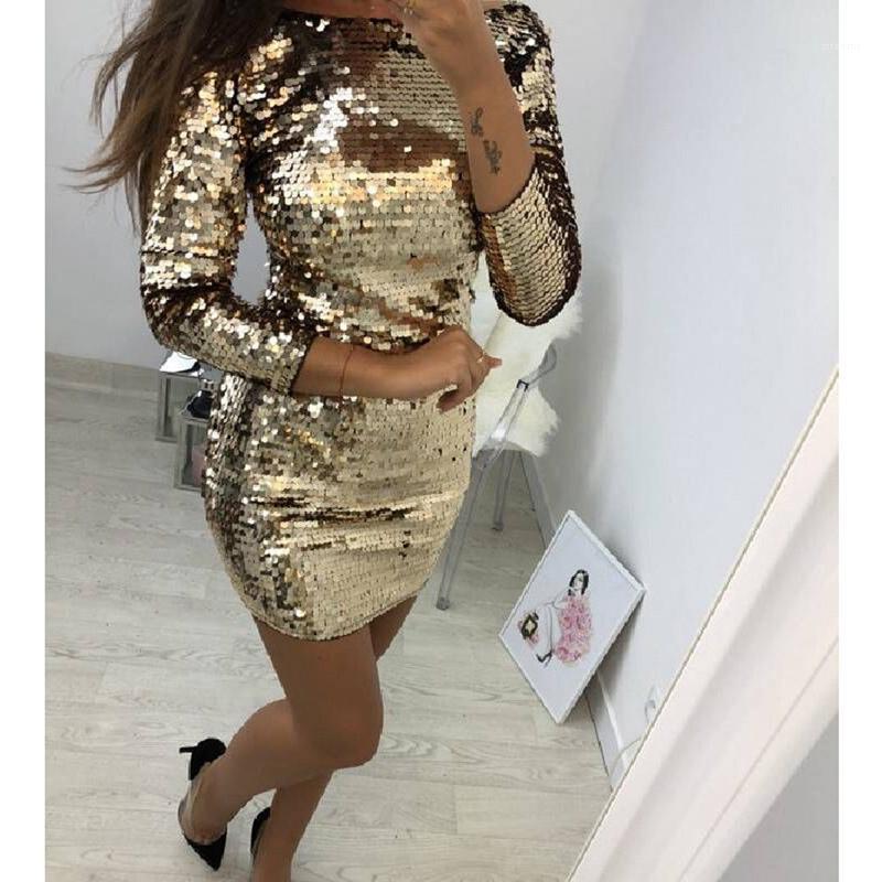 

Casual Dresses Brand Sexy Women Long Sleeve Dress Ladies Backless Sequined Shinny Bodycon Vestido Party Club Mini Pencil, As pic