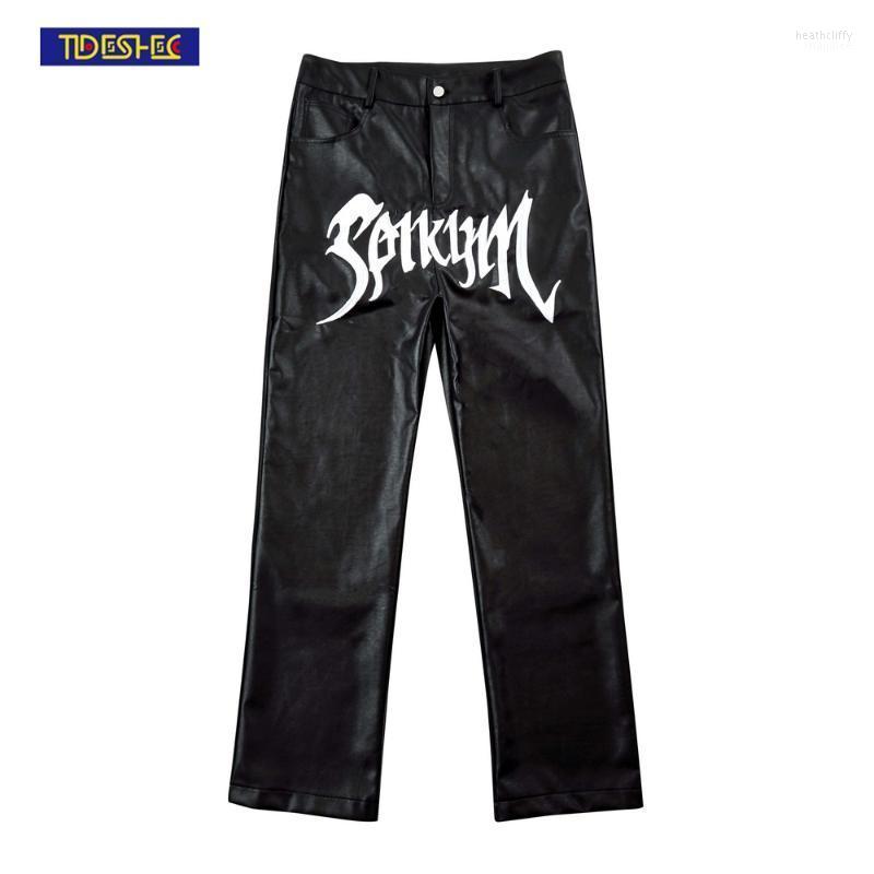

Men's Pants 2022 Men Embroidered Letters PU Leather Women High Street Straight Trousers Plus Size ClothingMen's Heat22, Black