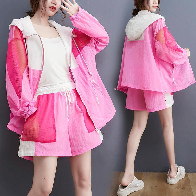 

Women's Tracksuits Summer Loose Color Matching Hooded Sunscreen Jacket Elastic Waist Shorts Two-piece Suit WomenWomen's, Pink