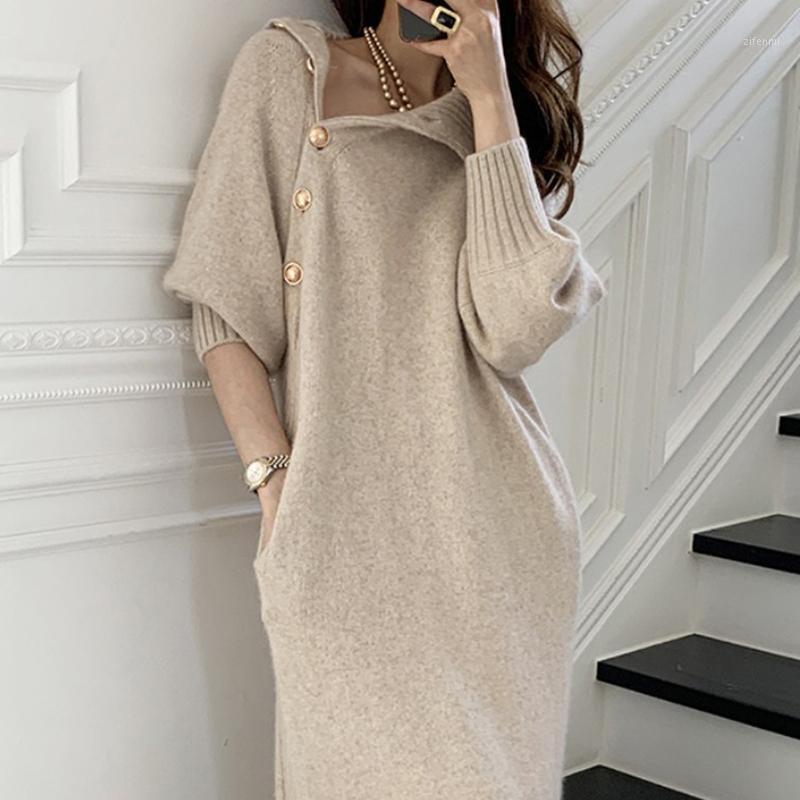 

Casual Dresses French Stylish Turtleneck Knitted 2022 Autumn Long Sleeve Lace Up Dress Solid Color Straight Office Lady Clothes, Black
