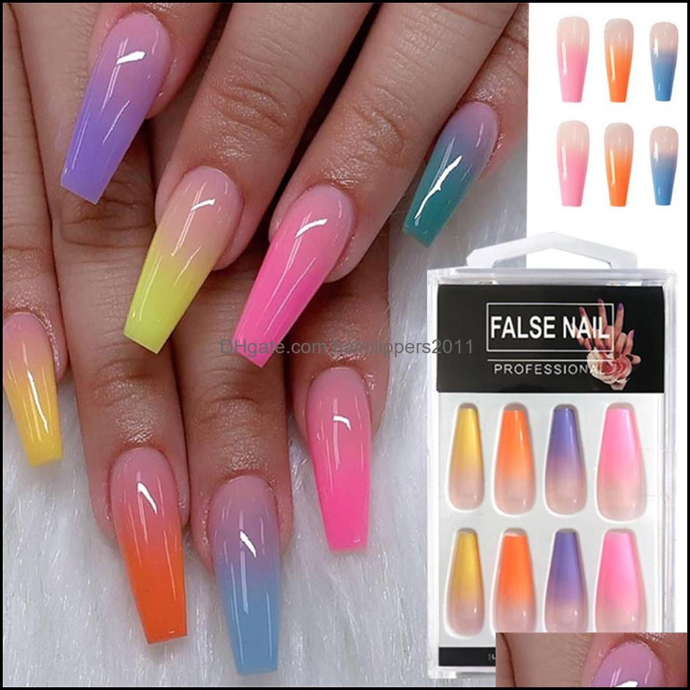

False Nails Nail Art Salon Health Beauty 20Pcs/Set Acrylic Candy Color Finish Tips Colorf Fake Artificial With Glue Rainbow Gradient Drop, Multicolor