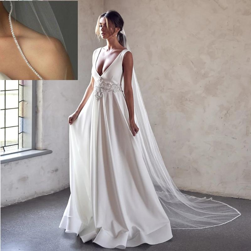 

Bridal Veils Long With Comb Simple White Ivory One Layer Tulle Beaded Edge Pearls Cathedral Length Wedding Veil 3MetersBridal