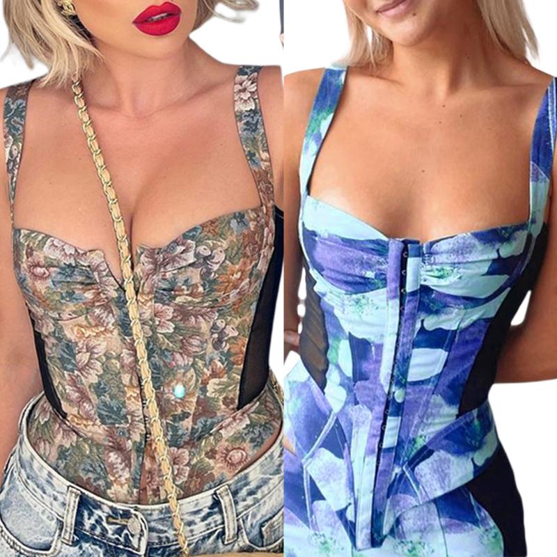 

Women' Tanks & Camis Women Irregular Tank Tops Adults Sleeveless Tie-dye Flower Print Boat Neck Mesh BustierWomen, Blue