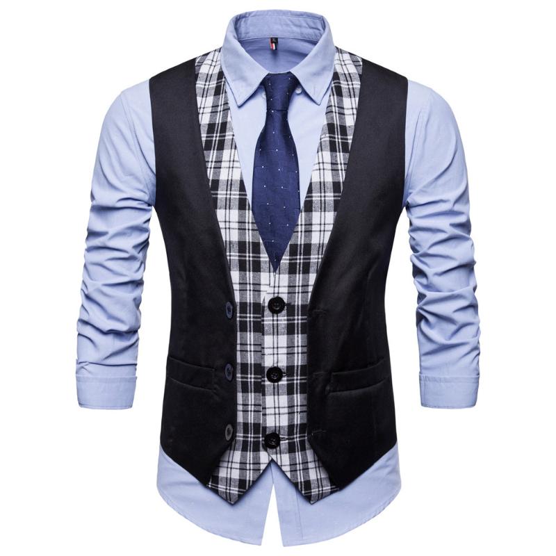 

Men' Vests Patchwork Blazer Single Breasted V-neck Fashion Male England Casual Style Men Suit Waistcoat, Black