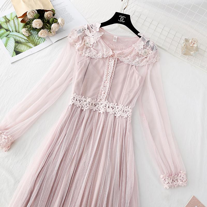 

Casual Dresses Fairy Women Mesh Dress Crochet Beading Voile Long Sleeves French Vintage Party Ruffles Female Elegant Vestidos, Black;gray