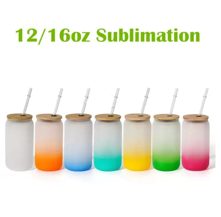 

12oz 16oz Sublimation Glass Beer Mugs Gradient Ombre Frosted Cola Can Mason Jar with Bamboo lid and straw C0608G01