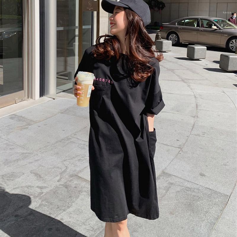 

Pocket Cotton Dress Female Style 2022 Summer Loose Short-Sleeved Solid Color T-Shirt Women Korean Mid-Length Dresses Casual, Black