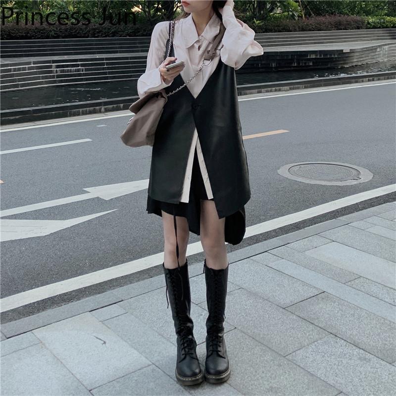 

Women's Blouses & Shirts Women 2022 Fashion 2pc Shirt Sets Long Sleeve Casual Shirt&Black Leather Sling Waistcoat Female Chic Two Piece Tops, Only black vest