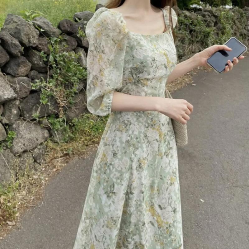 

Party Dresses French Graceful Vintage Square Collar Chic Midi Dress 2022 Summer Korean Floral Puff Sleeve Slim High Waist Travel RobeParty