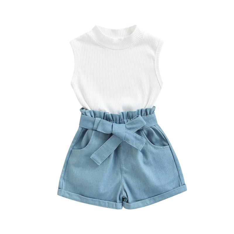 

Clothing Sets Toddler Kids Baby Girls 2Pcs Summer Outfits Sleeveless Mock Neck Ribbed Knit Tank Tops Denim Shorts Set 1-6TClothing, As pic