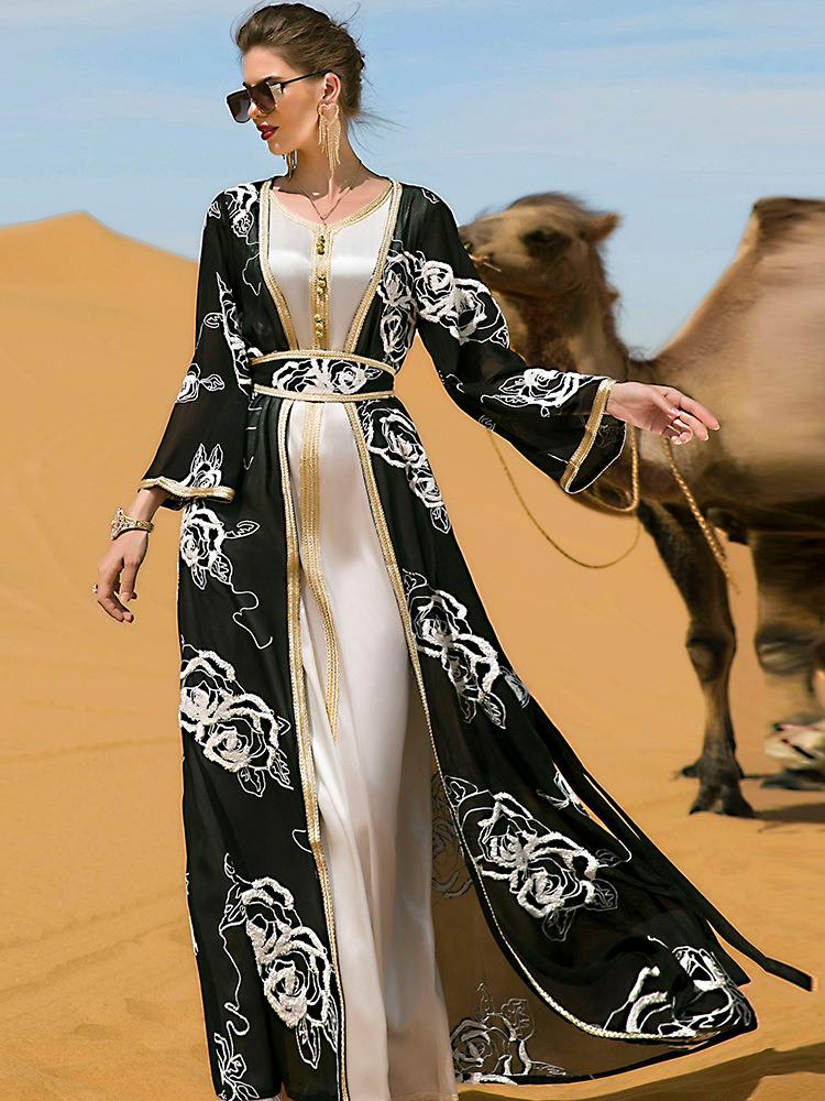 

Casual Dresses Arabian Heavy Industry Black And White Flower Embroidery Two-piece Set Of Women' Long Dress Maxi Belt Ethnic DressCasual