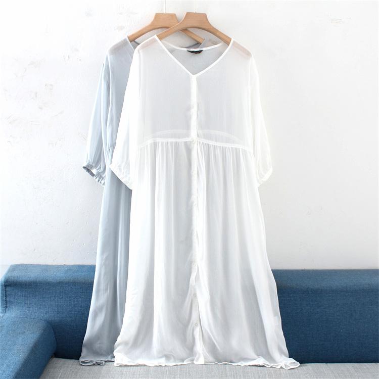 

Casual Dresses SuperAen 2022 Summer Solid V-neck Single-breasted Loose Slim Thin A-LINE Mid-Calf For WomenCasual, White