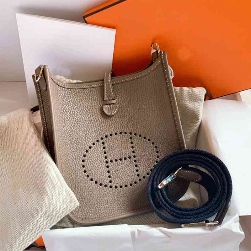 

Designer Herme Handbag 2022 New h Family Evelyn Bag Mini Messenger Bag Togo Leather Fashion Versatile Bucket Bag Women, Elephant grey 17cm silk scarf + pony + g