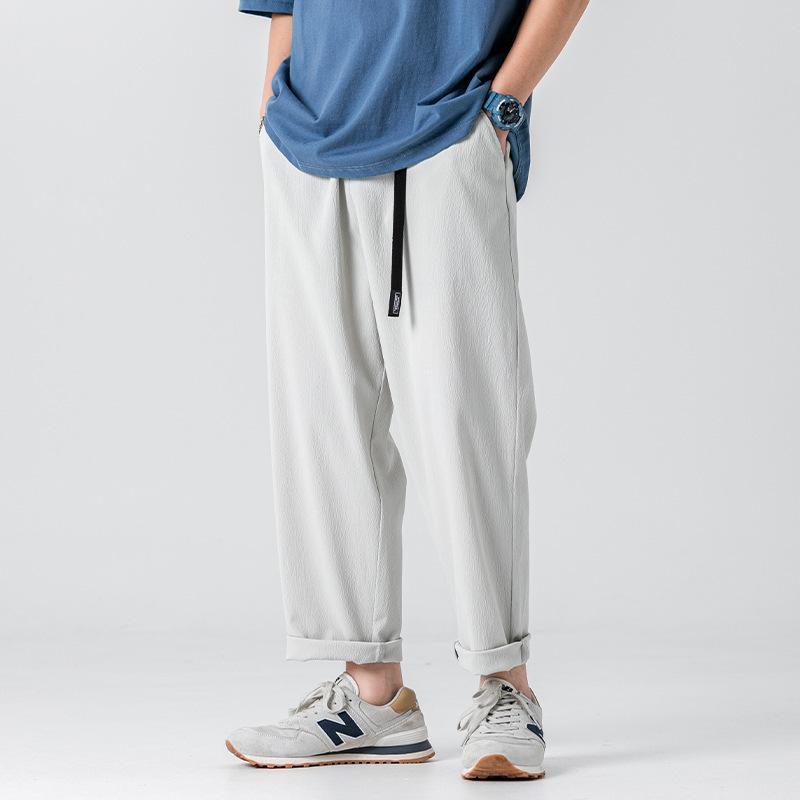 

Men's Pants Men Straight-Leg Summer Solid Color Japanese Leisure Thin Lace-up Elastic Waist Sports Casual PantsMen's, Black