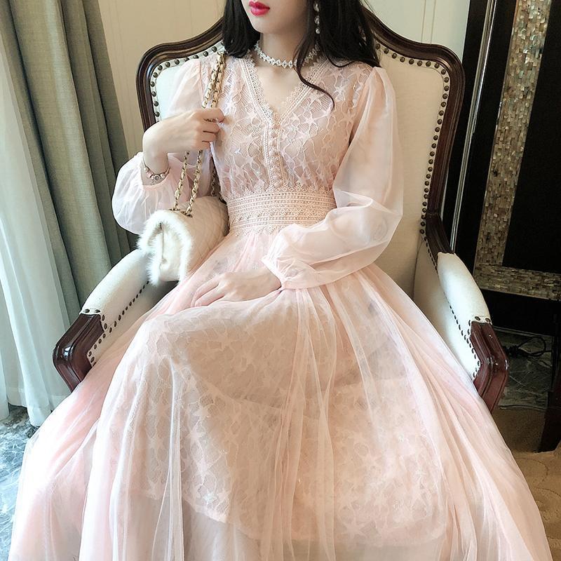 Casual Dresses Summer Mesh For Women Party 2022 Fairy Clothes Long Sleeve Strap Maxi Skater Dress Harajuku Cottagecore Robe Pink-image-760743269