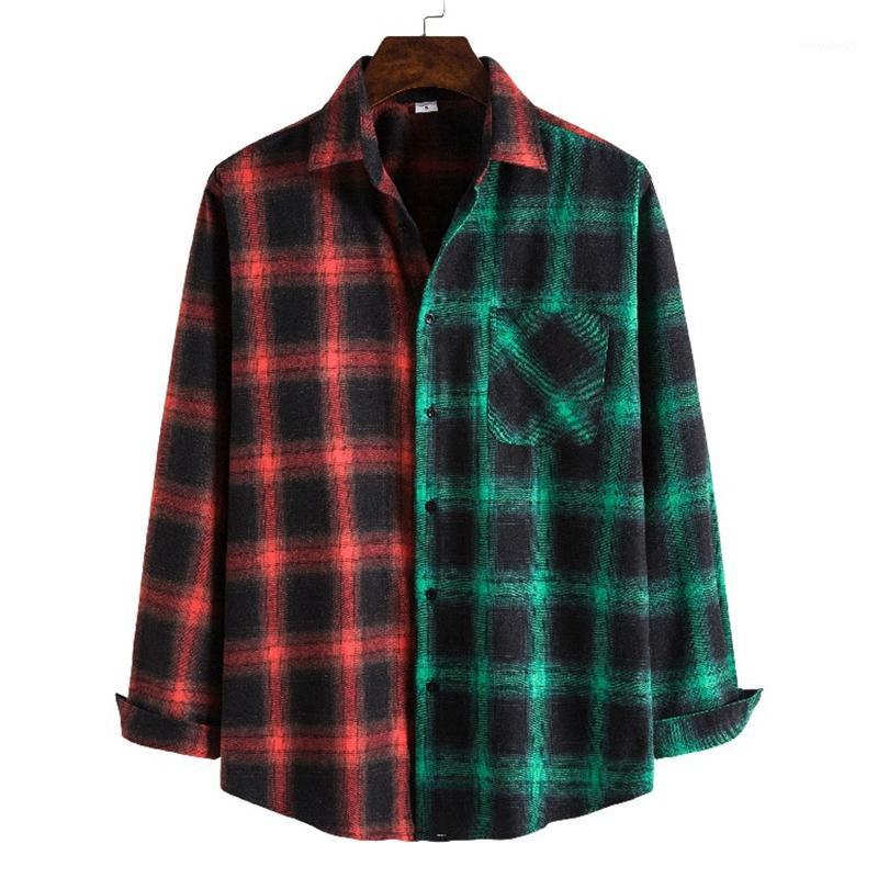 

Korean Fashion Color Block Patchwork Shirt Men 2022 Spring Long Sleeve Red Black Plaid Casual Shirts Loose Hip Hop Streetwear Men, Pic show 5