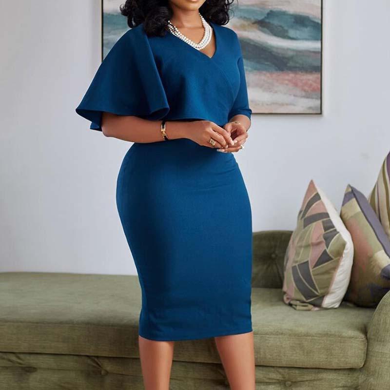 

Plus Size Dresses Dress For Year 2022 Women Elegant Fashion Short Sleeve V Neck Mid-Calf Office Lady Sheath Empire, Blue