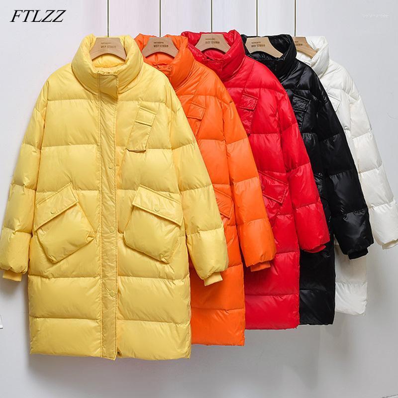 

Women' Down & Parkas FTLZZ Winter Long Light Feather Jacket Women White Duck Coat Windproof Sleeve Warm Parker Big Pocket Loose Fluffy Outw, Beige