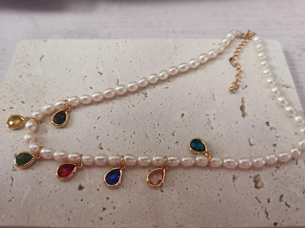 

Chains Colorful Zirconia Beads Natural Real Pearl Necklace Women Jewelry Party Designer T Show Runway Gown Japan Korean