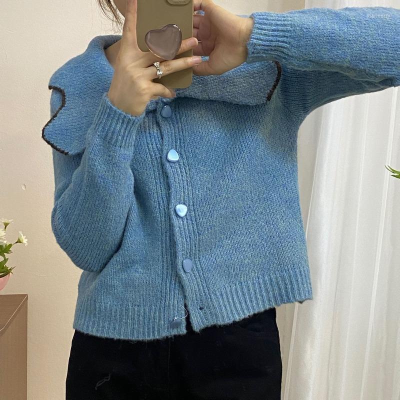 

Women's Knits & Tees Korean 2022 Autumn Sweters For Women Temperament Lace Lapel Knitted Cardigan Solid Long Sleeve Woman SweatersWomen's Ma, Sky blue
