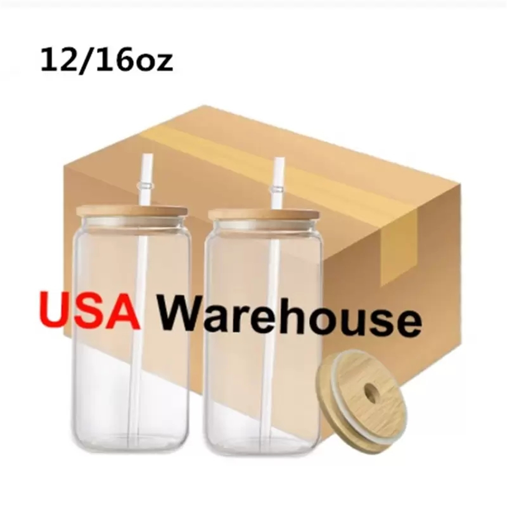 

12oz 16oz Sublimation Glass Beer Mugs Glass Water Bottle Beer Can Glass Tumbler Drinking Glasses With Bamboo Lid And Reusable Straw Iced Coffee Glasses, Clear with straw and lid