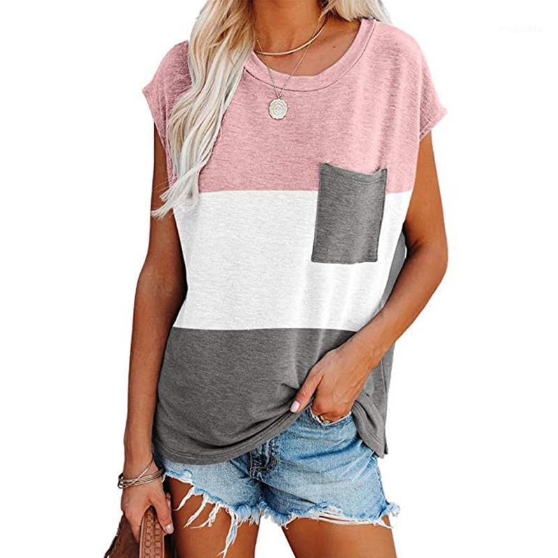 

Women' T-Shirt Summer Patchwork Tricolor Pocket T Shirt Women Clothes O-neck Batw Sleeve Loose Tops Casual Plus Size Streetwear Tee Femme, Sky blue