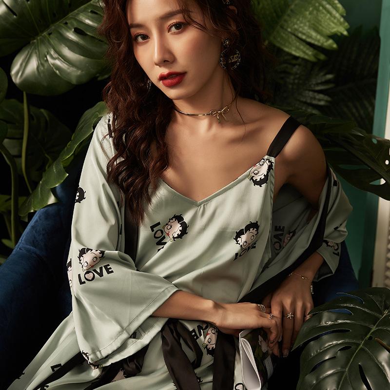 

Women's Sleepwear Pajamas Women Summer Two-piece Suspenders Simulation Silk Cartoon Cute Ladies Simple And Natural Home Service, Gray