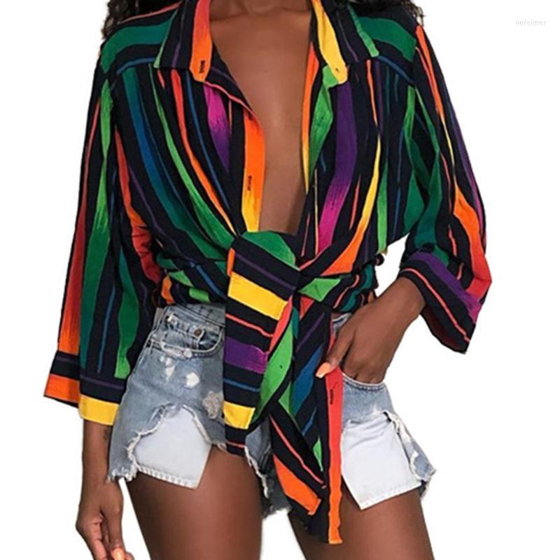 

Women' Blouses & Shirts Colorful Striped Women Blouse Sexy V Neck 2022 African Summer Shirt Dress Casual Vintage Loose Long Top DressWomen, Green