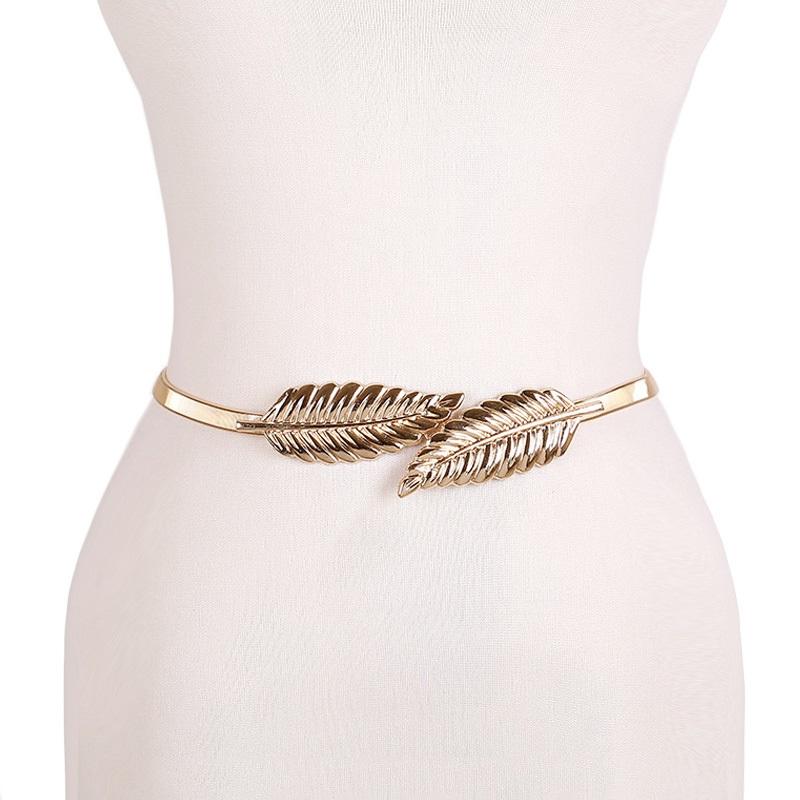 

Belts Gold Silvery Leaf Shape Wedding Designer Elastic For Women Girl Stretch Skinny Waist Belt Cummerbunds Metal Female, Silver
