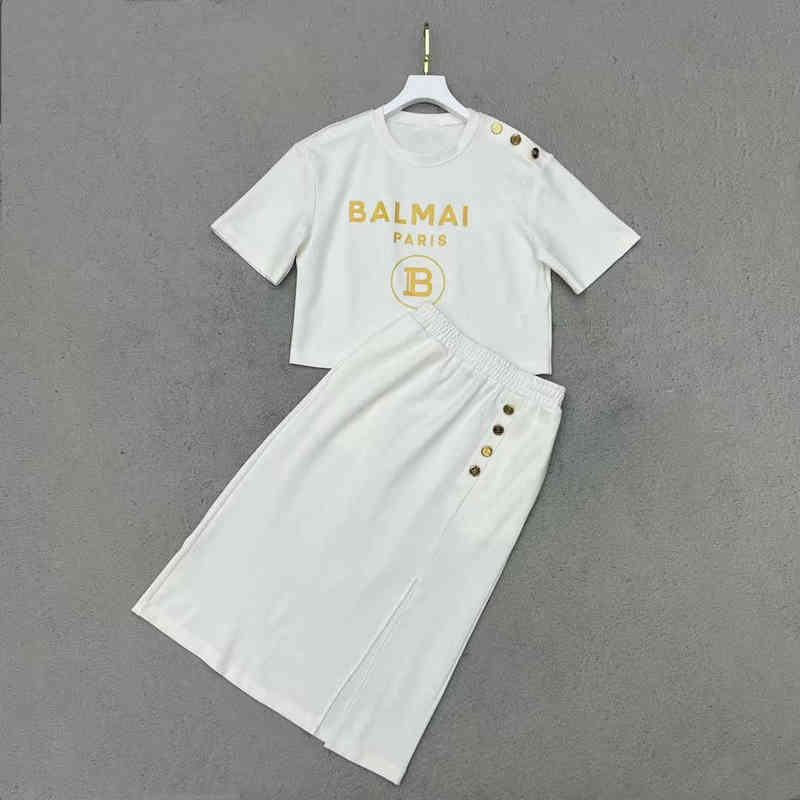 Designer Luxury BAL Clothes Balman two piece set 2022 summer new alphabet print short T-shirt with split skirt suit women