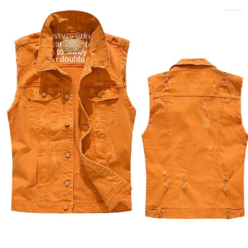 

Men's Vests Waistcoat Orange Slim Fit Ripped Stretch Denim Jacket Fringe Sleeveless Holes Distressed Casual Vest Kare22