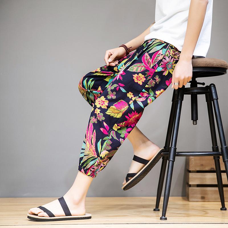 

Men's Pants Summer Chinese Cotton Print Pajamas Pant Casual Large Size -5XL Calf-Length Trousers Loungewear Men Home Sleep BloomersMen's, Color 3