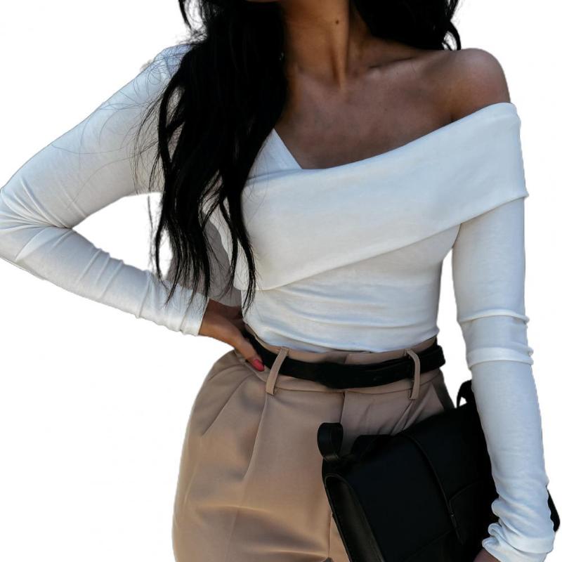 

Women' Polos Ele-choices Women T-shirt Off Shoulder Oblique Neck Autumn Strapless Backless Long Sleeve Blouse Streetwear For Daily WearWome, White