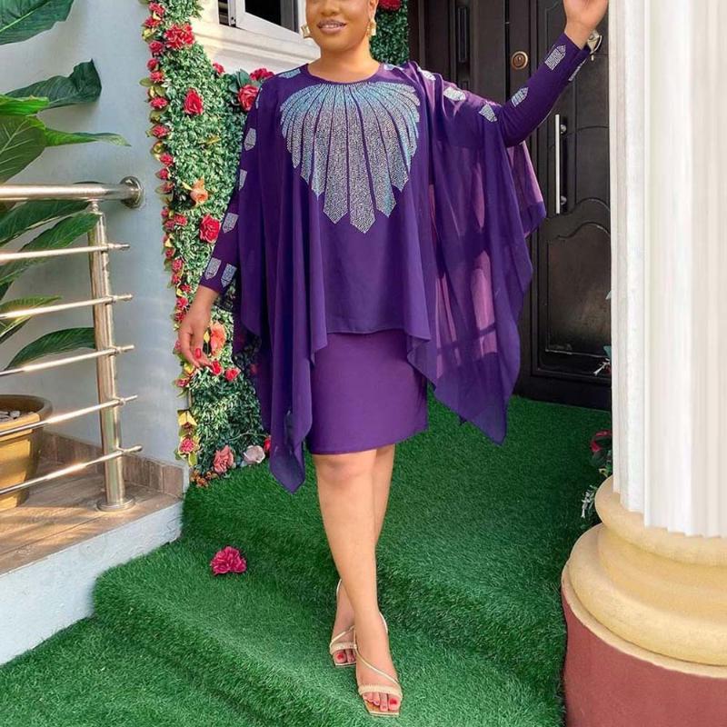 

Plus Size Dresses 5XL For Women Chiffon Diamond Solid Batwing Sleeve Bodycon Large Elegant Business Work Wear Office DressPlus, Blue dress