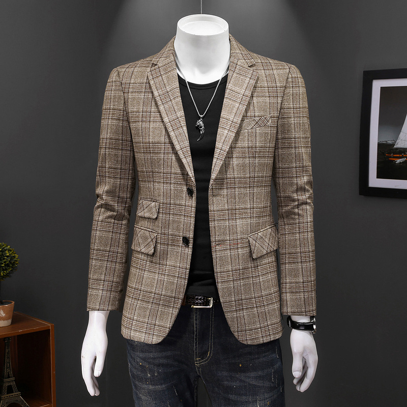 

2023 spring new tops youth men's plaid suit business casual slim one-piece long-sleeved solid color non-iron coat s-5XL, Khaki