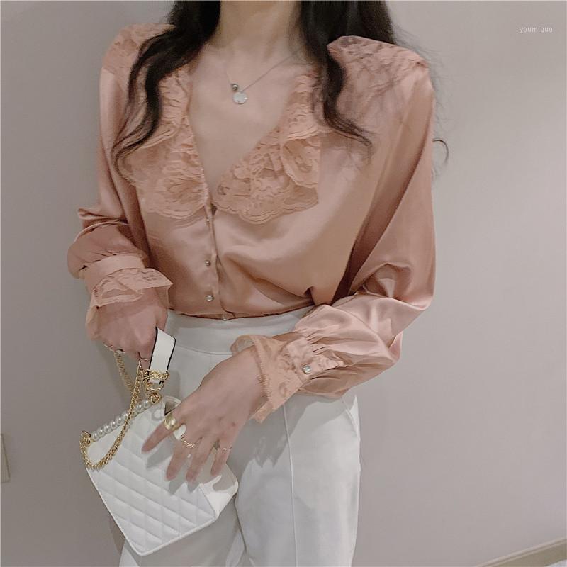 

Elegant Lace Stitching V Neck Women Blouse Flare Long Sleeve Single Breasted Shirt Women's Blouses & Shirts, Pink