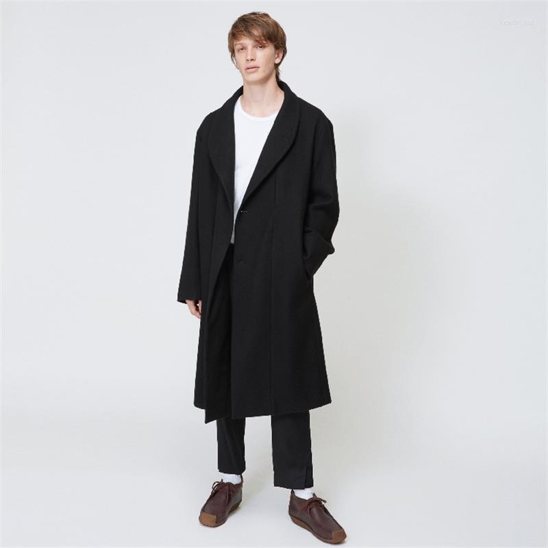 

Men' Wool & Blends Woolen Coat Mid-length Green Fruit Collar Pajama Belt Kend22, Black