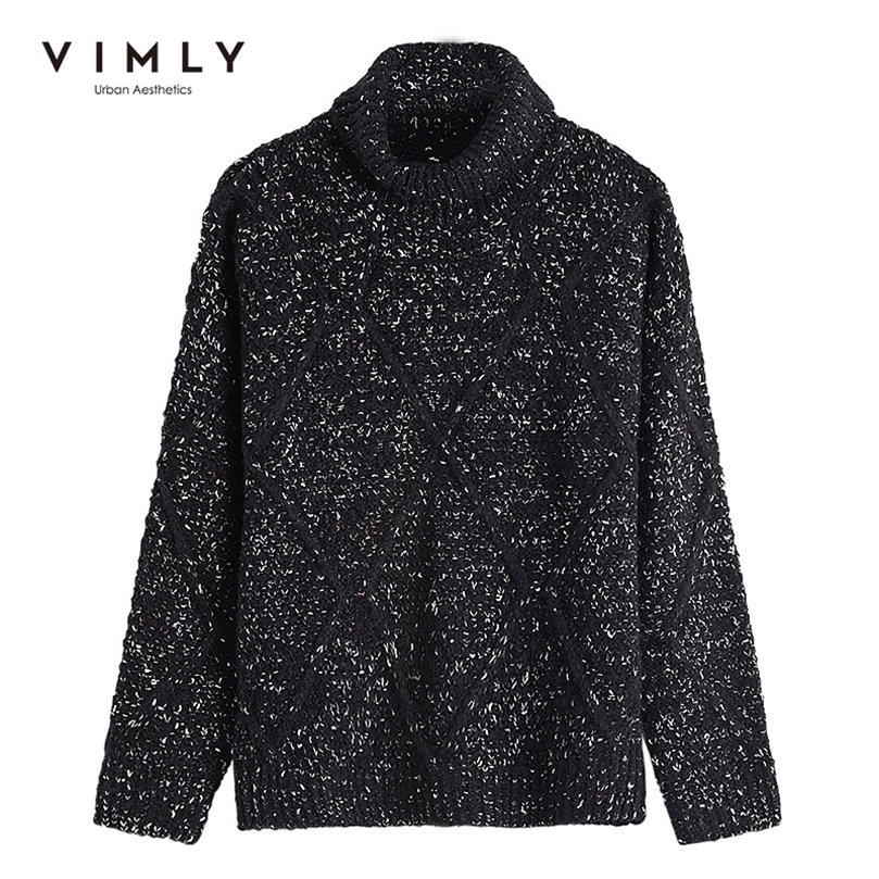 

Vimly Autumn Winter Women Turtleneck Sweater Fashion Loose Knitted Office Lady Elegant Female Pullover Tops 99168 201203, Black