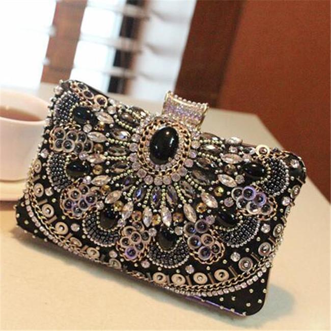 

Factory sales women bag Vintage Handmade diamond Yanbao elegant high-quality diamonds bride package leather handbags, Black-16101