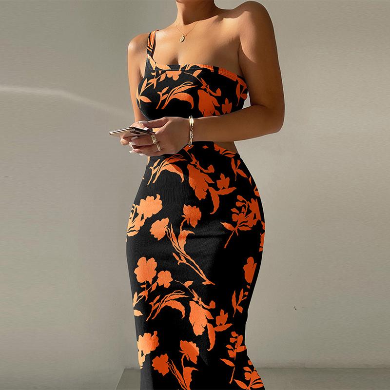 

Casual Dresses Fashion One Shoulder Skinny Sleeveless Low Cut Dress