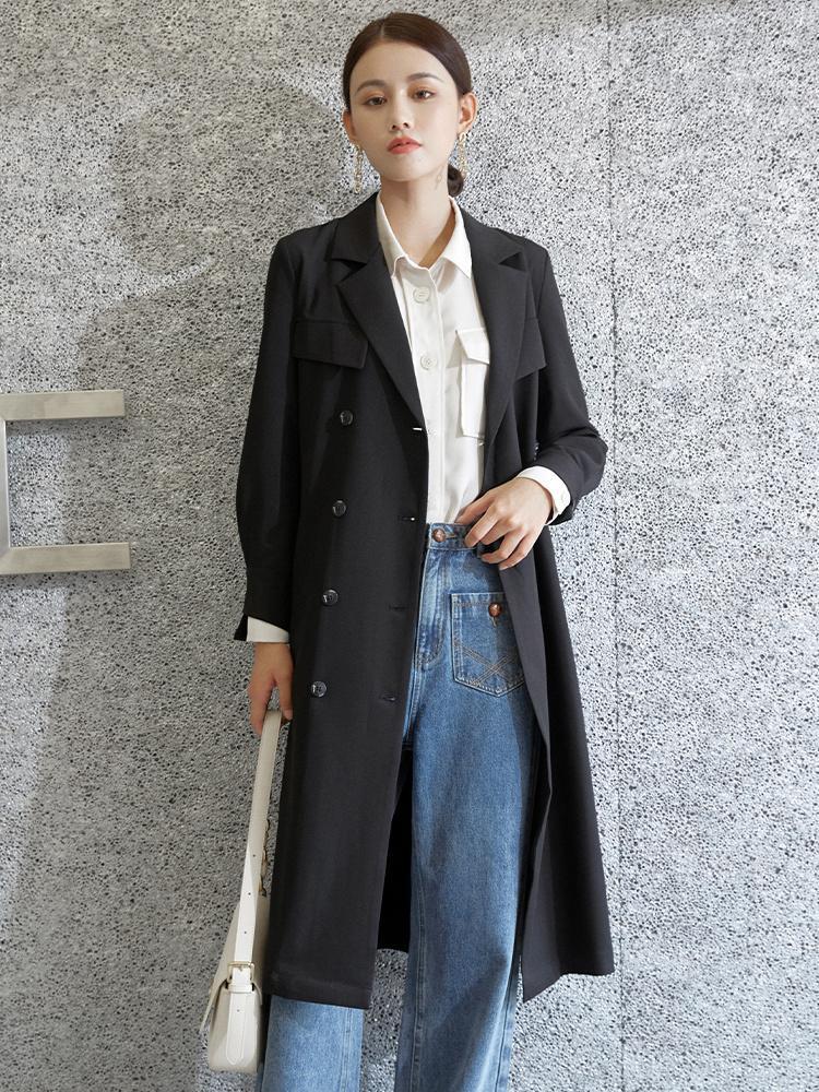 

Women' Trench Coats Windbreaker 2022 Spring And Autumn Korean Loose Leisure Slim Double Breasted Medium Long Waist Jacket, Black