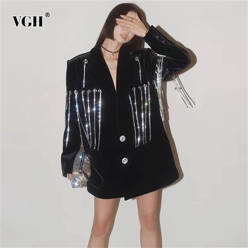 

VGH Black Casual Patchwork Diamonds Tassel Female Blazer Notched Long Sleeve Korean Fashion Loose Women' Jacket Autumn 220402