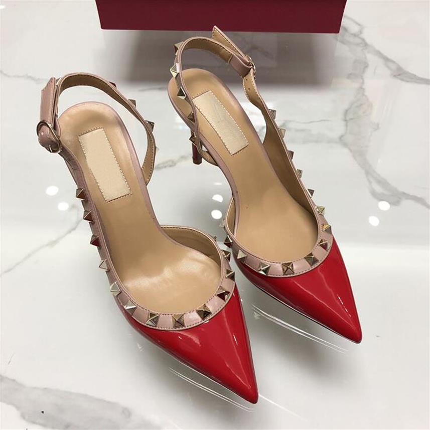 

top quality Casual Shoes spikes slingback high heels shoesSexy pointed toe rivet sandals fashion women pumps Designer Gold matt leather studded