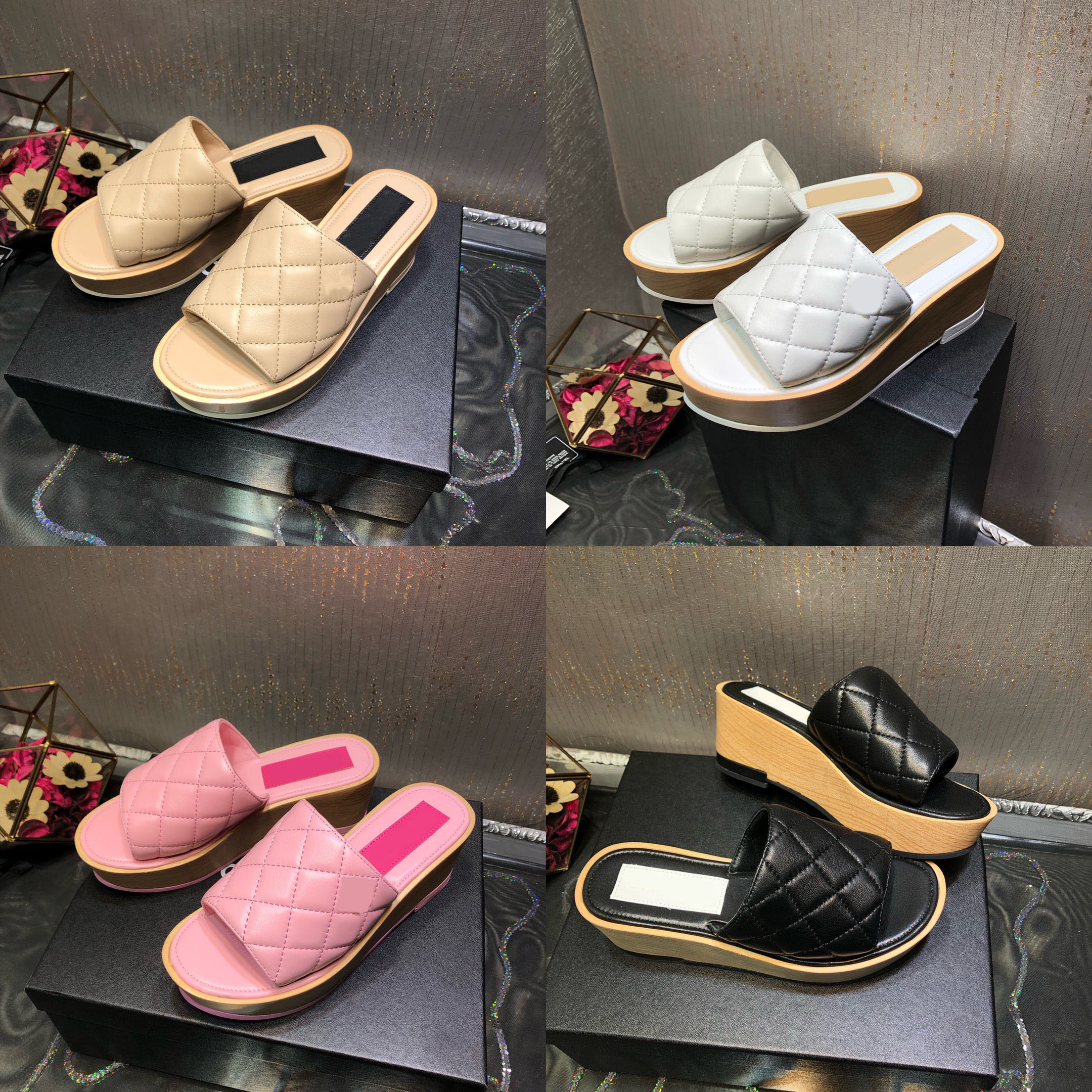 

Top Quality Designer Women Mules Slipper Lambskin Light Pink indoor Sandal Summer luxury Fashion Beach Thick Bottom Non-Slip Shoes