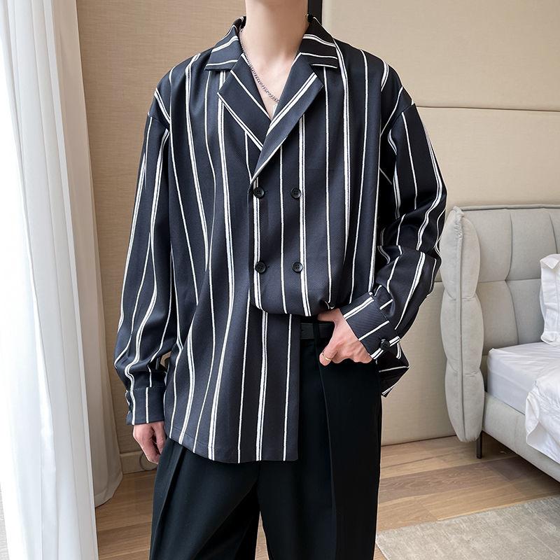 

Men's Casual Shirts Double Breasted Striped Men Fashion Society Mens Dress Korean Loose Long Sleeve -2XLMen's, Black