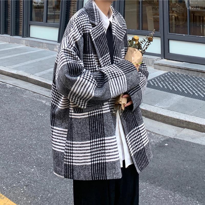 

Men' Wool & Blends Men Harajuku Vintage Plaid Trench Coat 2022 Mens Japanese Streetwear Long Male Korean Oversized Windbreaker Viol22, Black
