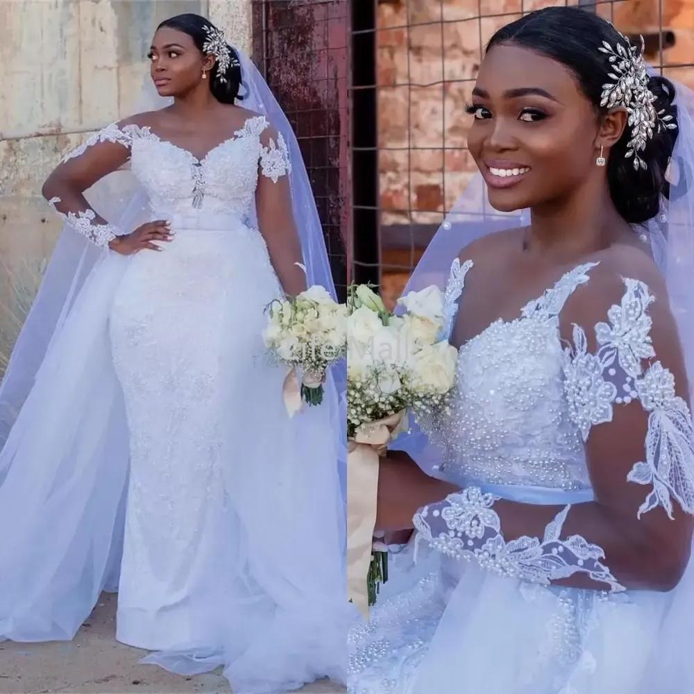 2022 Sexy Luxury Plus Size African Mermaid Wedding Dresses Jewel Neck Lace Beads Pearls Overskirts Wedding Dress Long Sleeves Arabic Bridal Gowns
